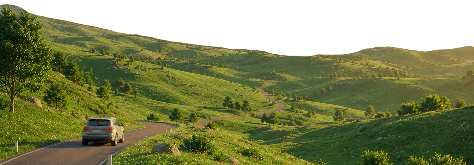 Green hills with a winding road and a car driving toward the horizon.