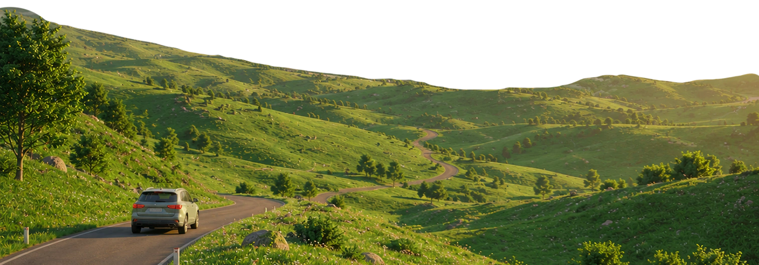Green hills with a winding road and a car driving toward the horizon.