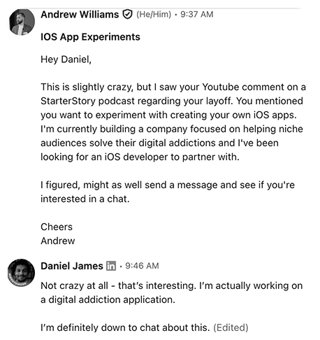 Andrew’s cold LinkedIn message to Daniel and Daniel’s reply nine minutes later
