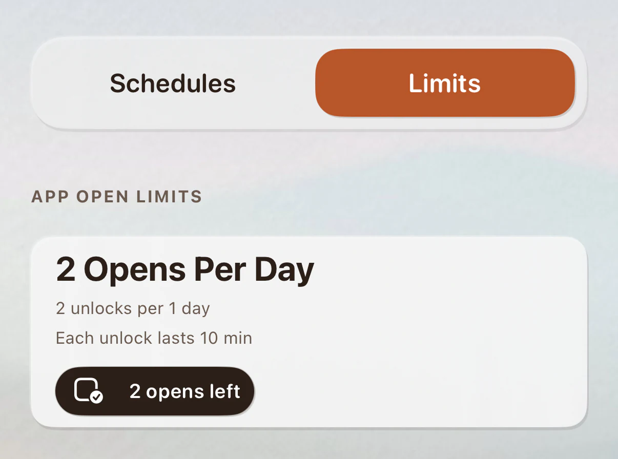 The enough. app showing an app open limit with two opens per day.