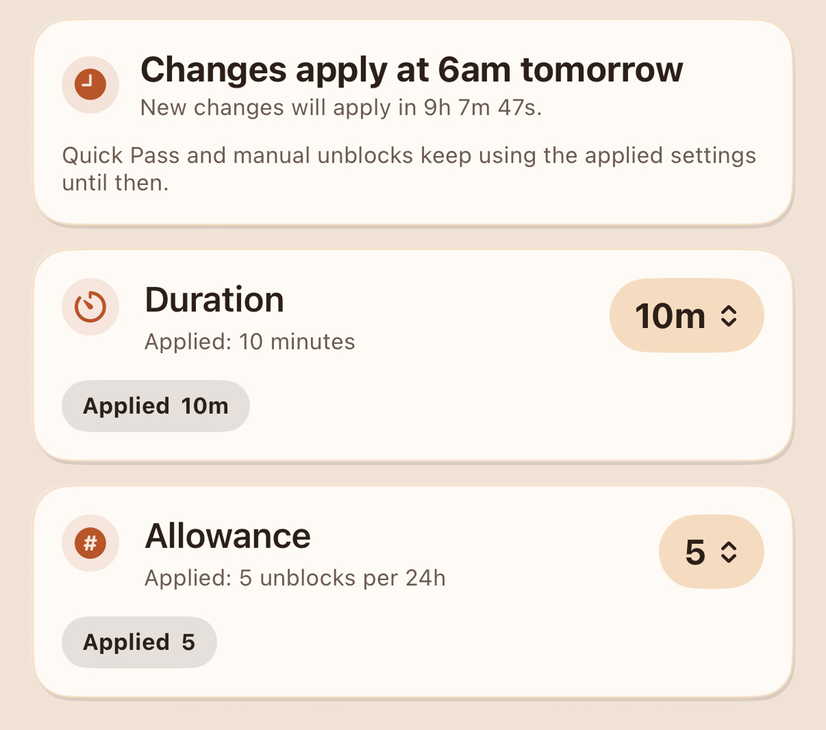 The enough. app showing unblock duration and allowance settings that apply later.