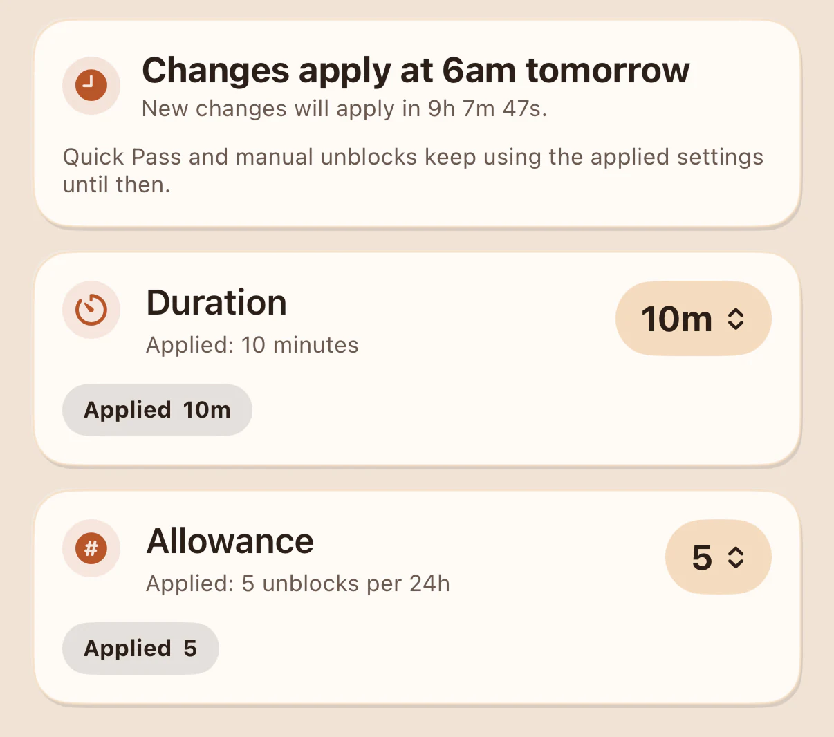 The enough. app showing unblock duration and allowance settings that apply later.