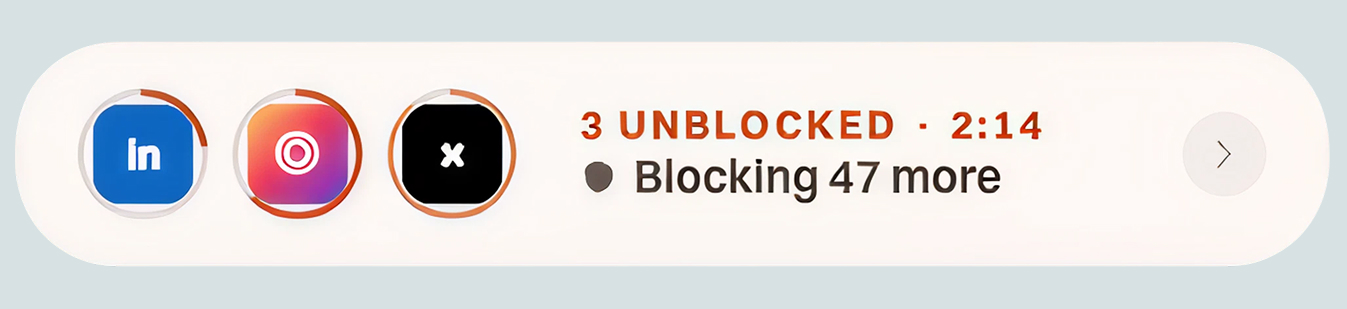 The enough. app showing three apps temporarily unblocked with a break timer.