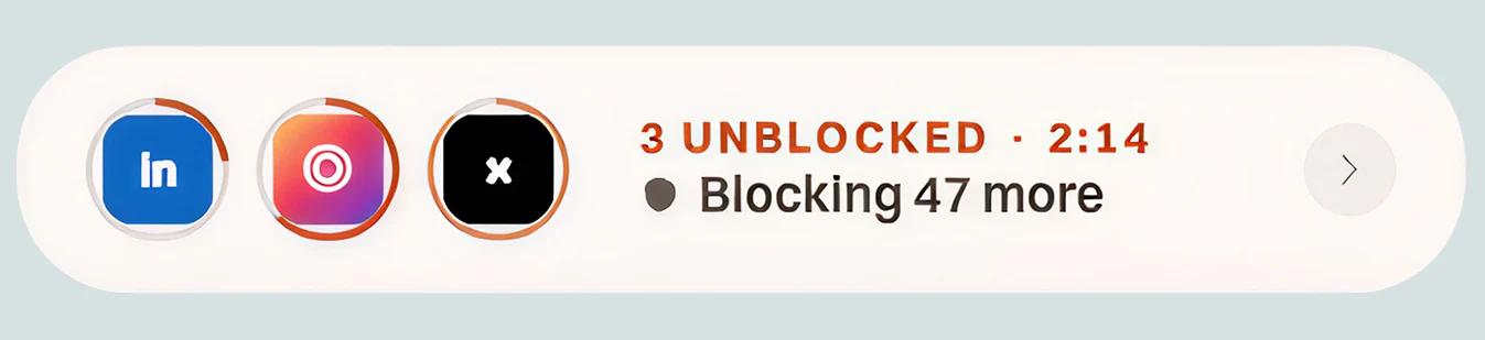 The enough. app showing three apps temporarily unblocked with a break timer.