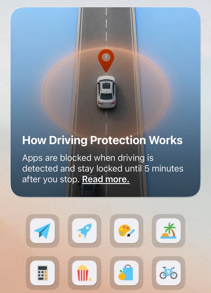 The enough. app explaining how Driving Protection blocks apps while driving.