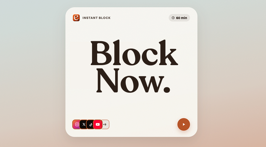 An enough. Home Screen widget labeled Instant Block, showing a 60 minute block of Instagram, X, TikTok, YouTube, and 9 more apps.