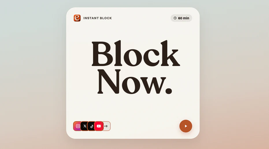 An enough. Home Screen widget labeled Instant Block, showing a 60 minute block of Instagram, X, TikTok, YouTube, and 9 more apps.
