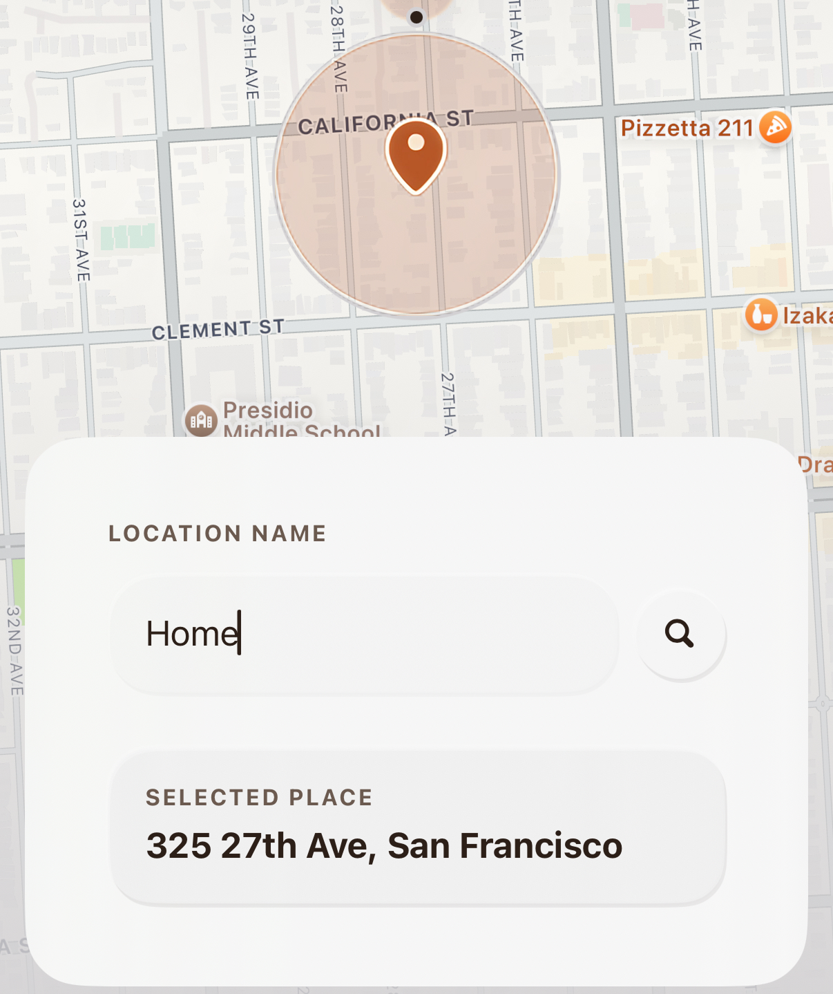 The enough. app showing a location setup for Home on a map in San Francisco.