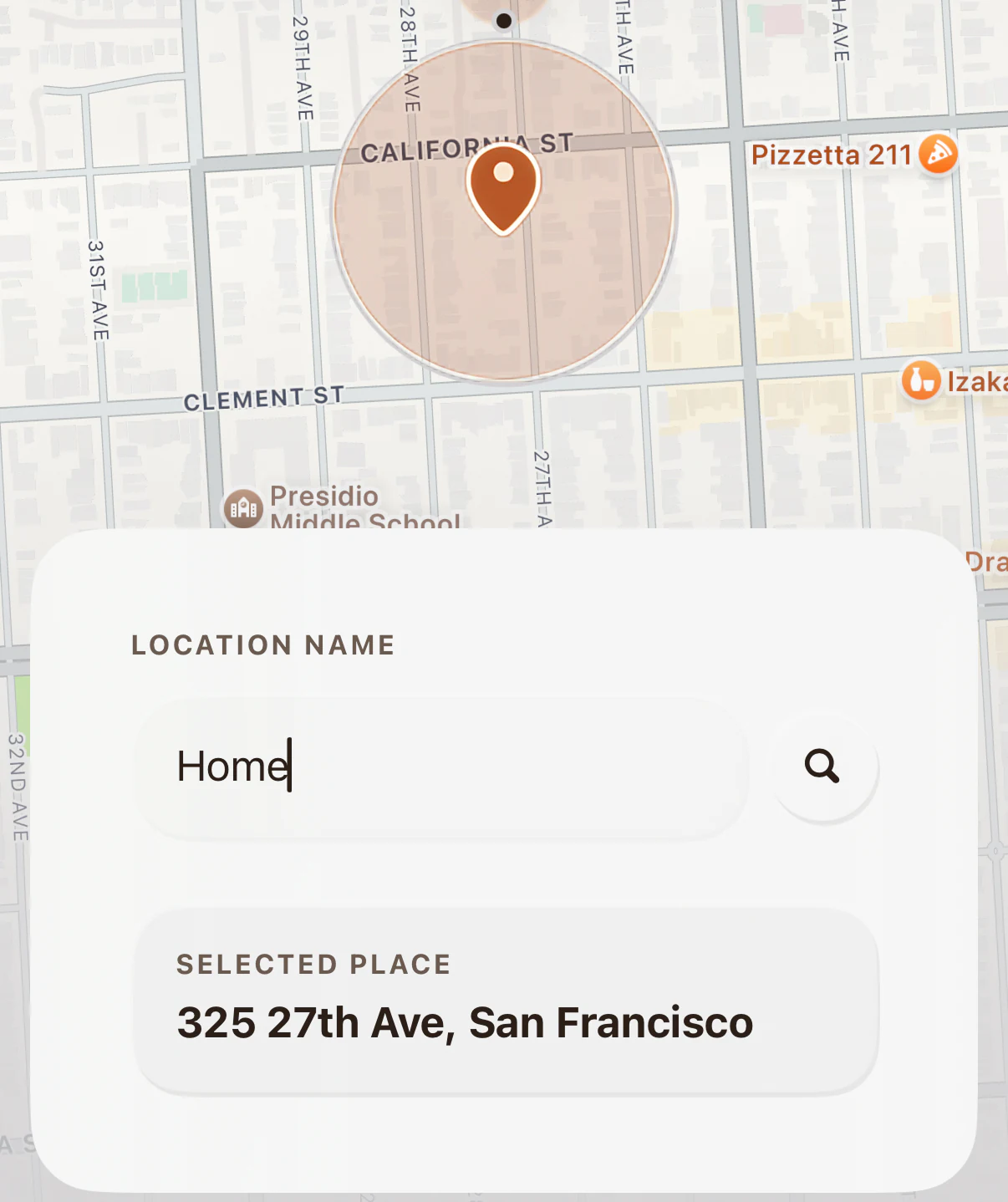 The enough. app showing a location setup for Home on a map in San Francisco.