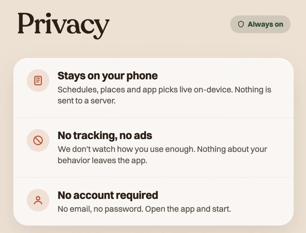 The enough. app showing privacy assurances that schedules, places, and app picks stay on your phone.