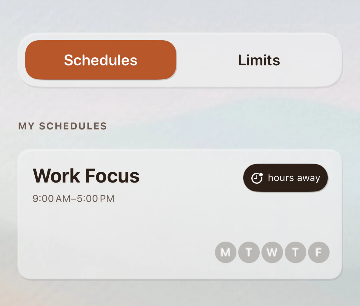 The enough. app showing a weekday Work Focus schedule from 9 AM to 5 PM.