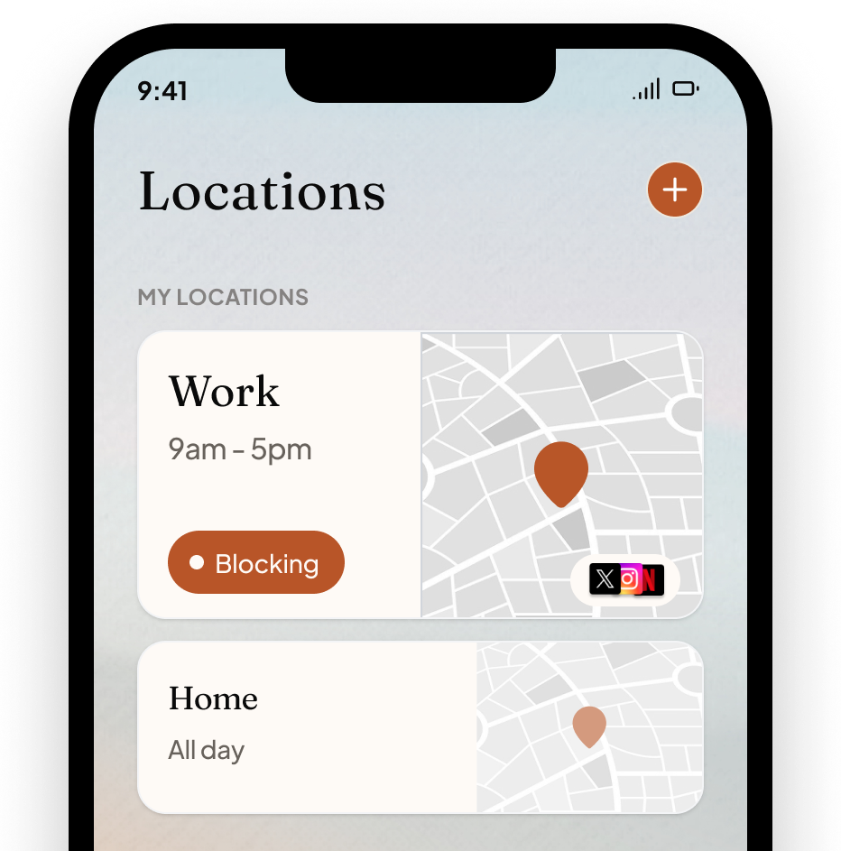 Locations view of the enough. app showing work and home places.