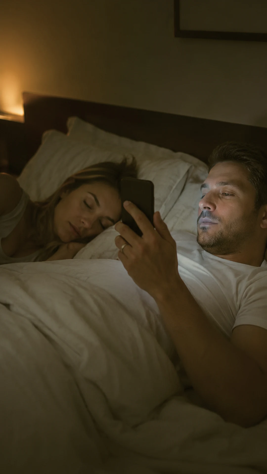 Person scrolling on a phone in bed while their partner sleeps.