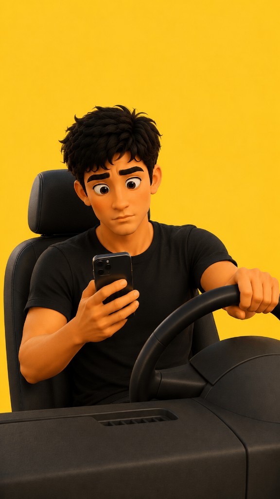 Young driver looking at a phone while holding the steering wheel.
