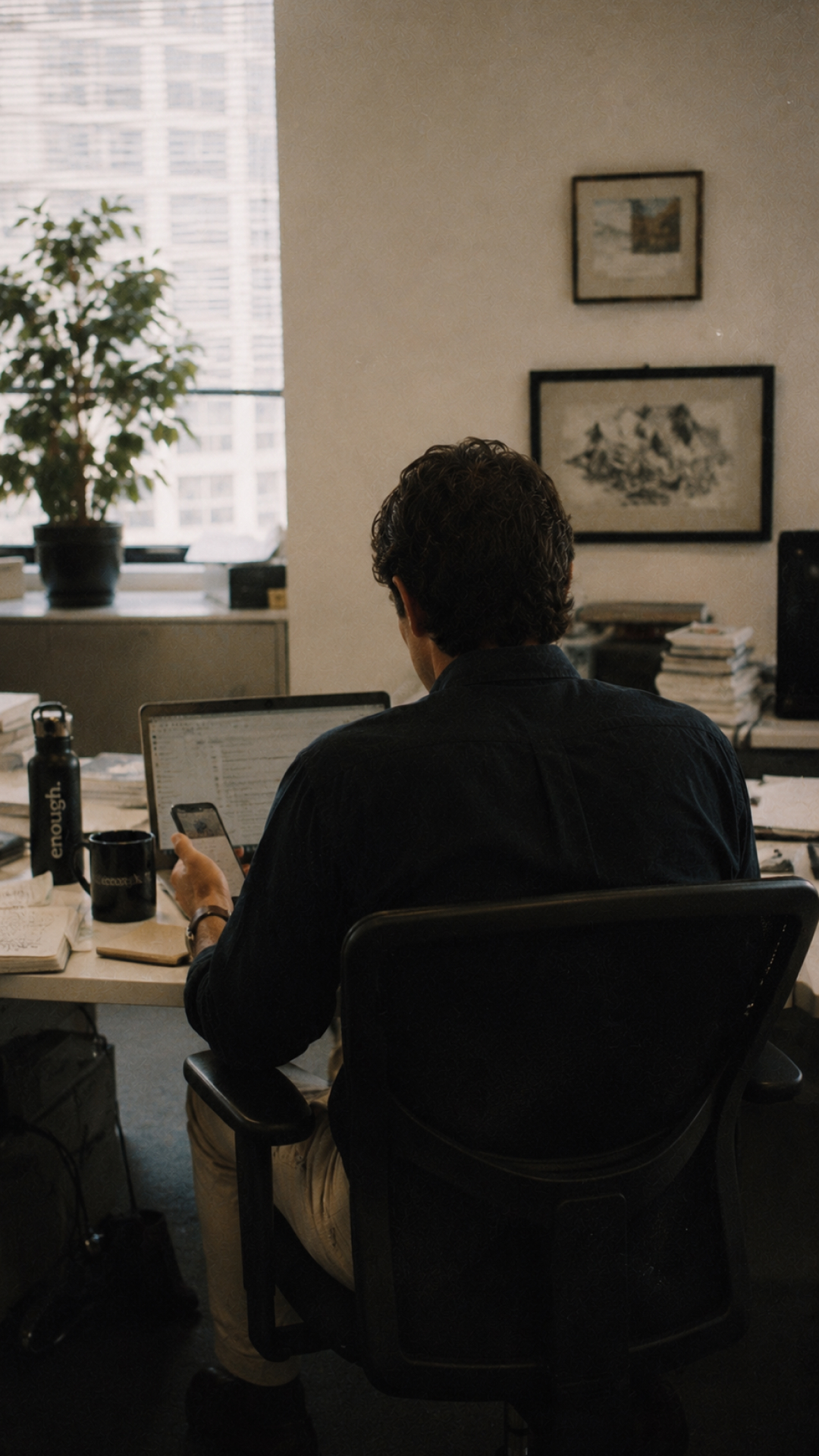 Person sitting at a desk and checking a phone beside an open laptop.