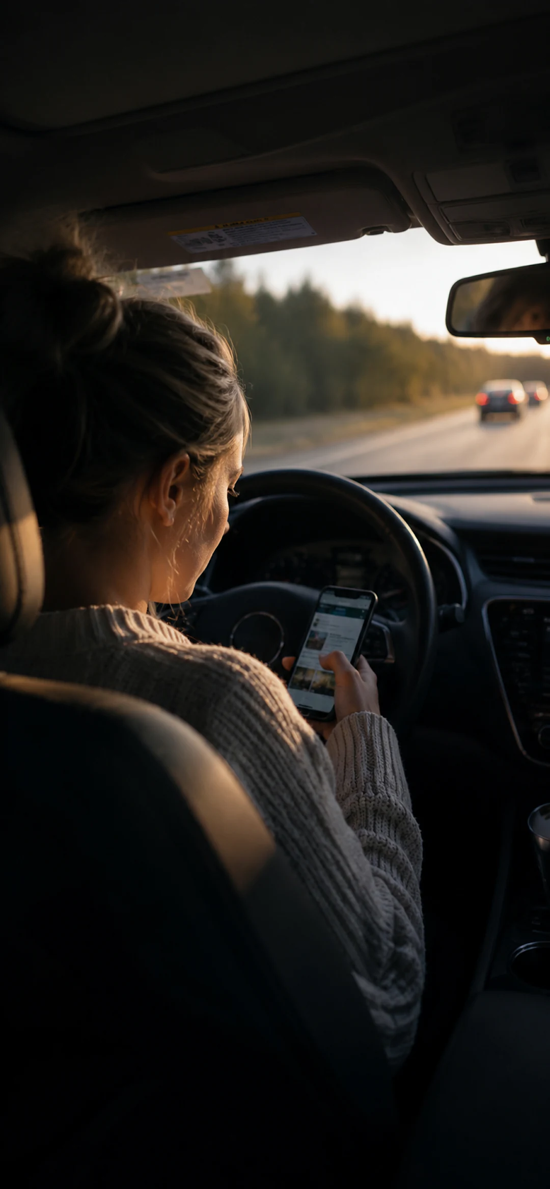 Driver looking down at a phone while driving on the highway.
