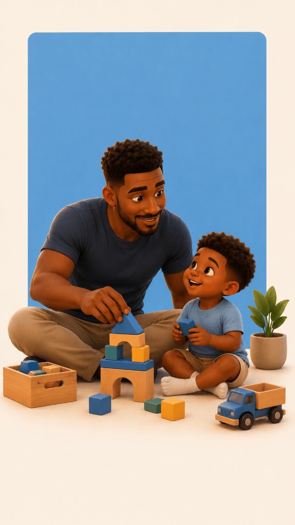 Father and young son playing with wooden building blocks together on the floor.