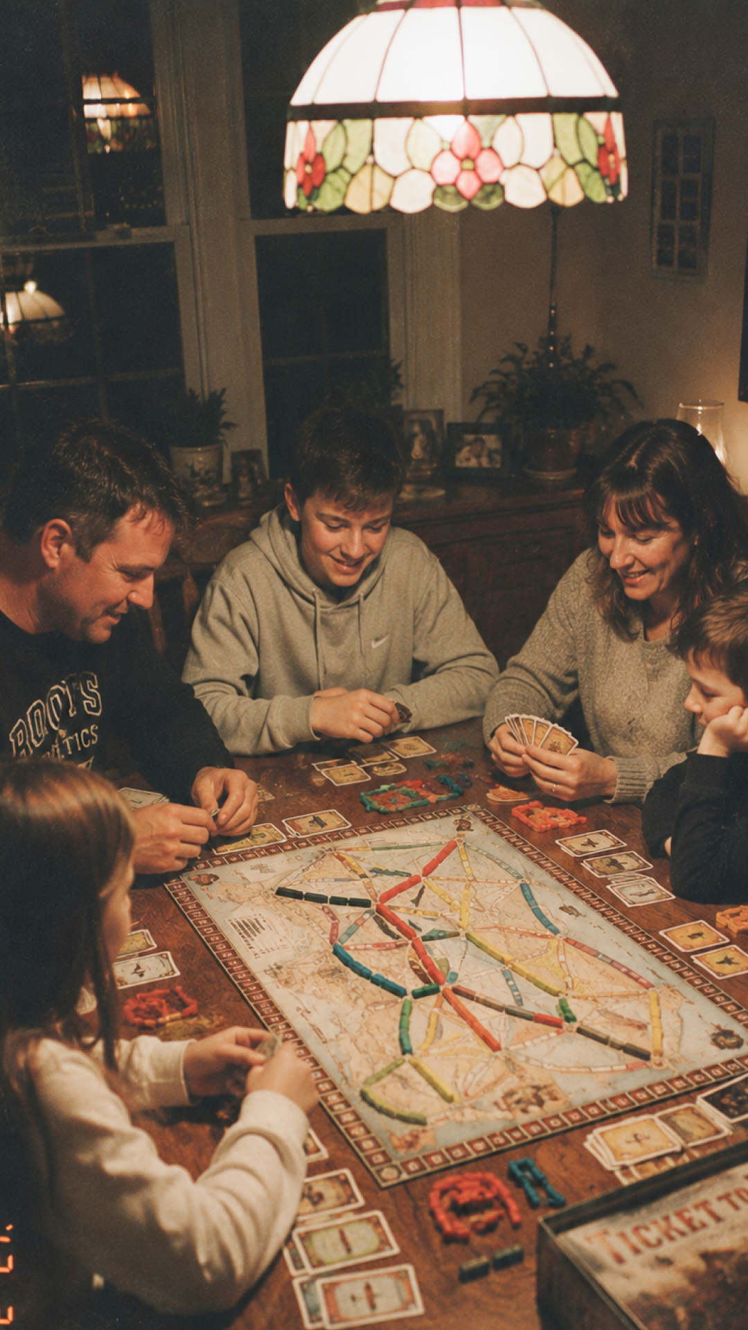 Family gathered around a table playing a board game together.