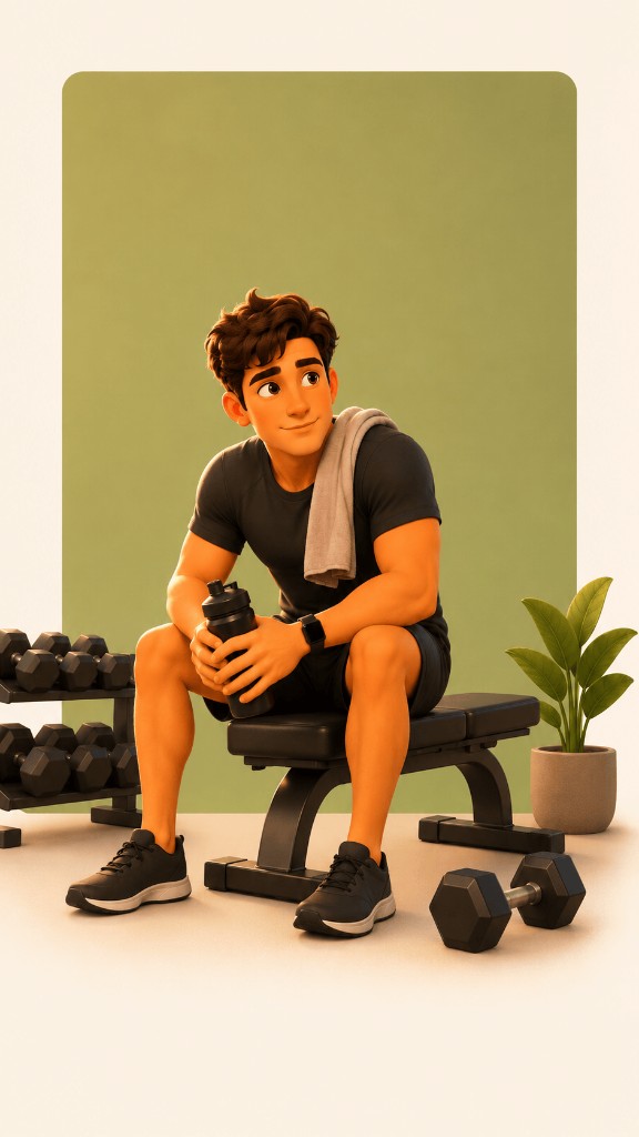 Person sitting on a gym bench with a water bottle, focused and ready to train.