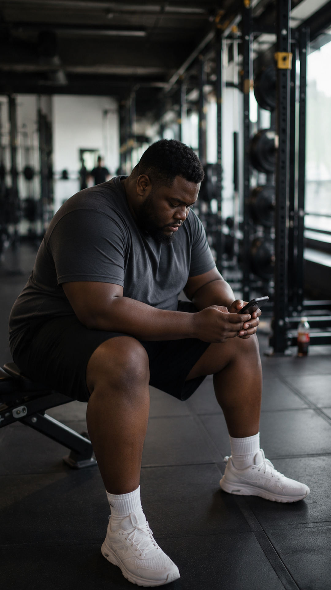 Person sitting on a gym bench and looking at a phone between workouts.