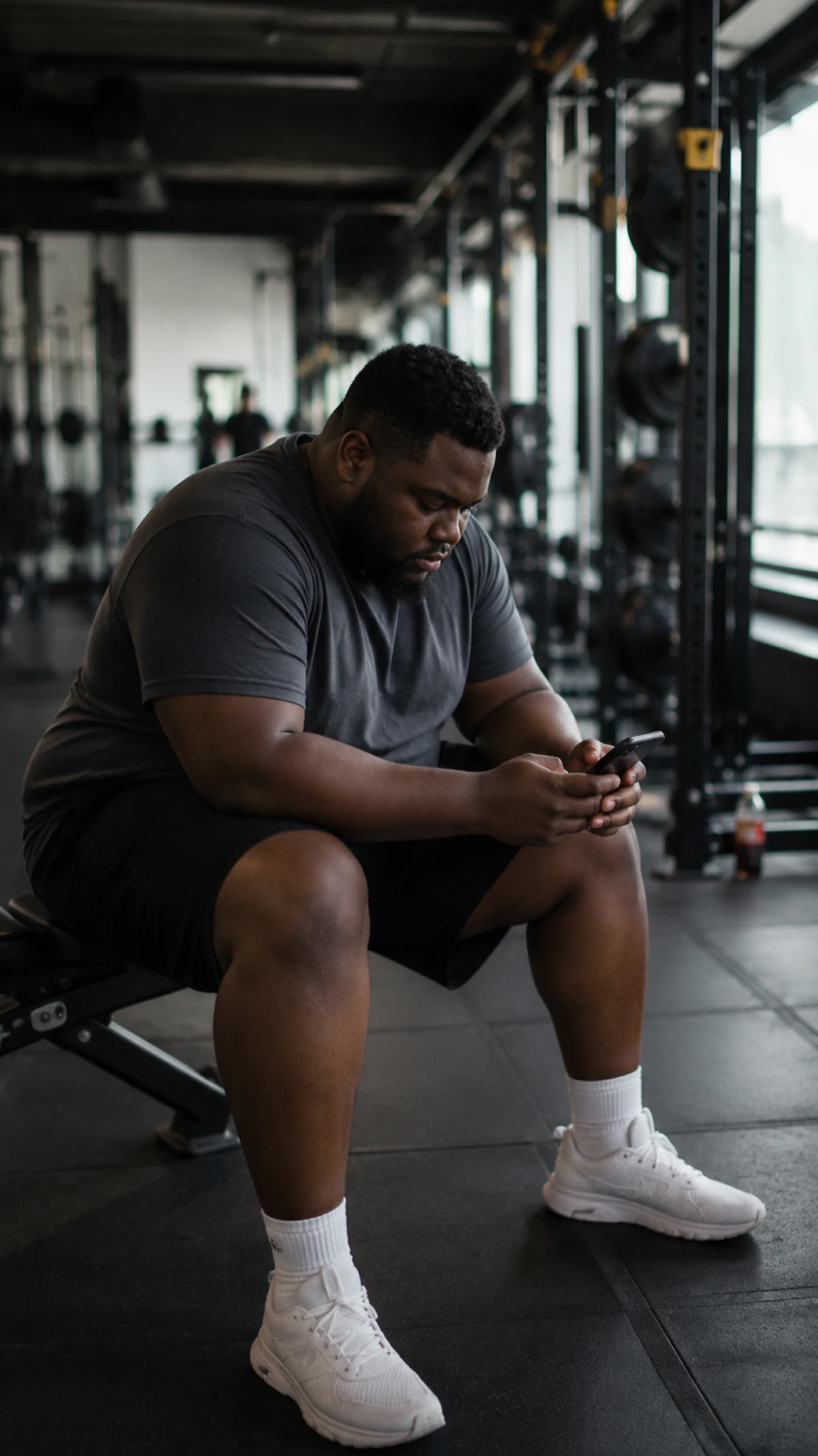Person sitting on a gym bench and looking at a phone between workouts.
