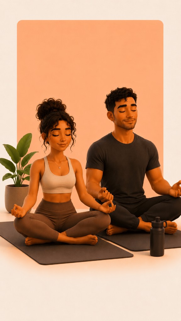 Two people sitting cross-legged on yoga mats, eyes closed, meditating together.
