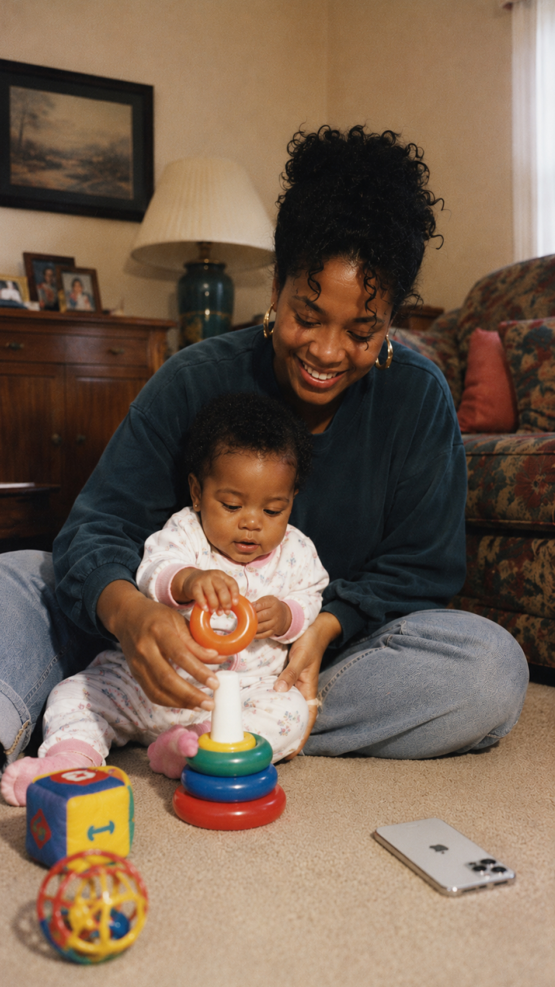 Parent sitting on the floor and playing with a baby while a phone rests nearby.
