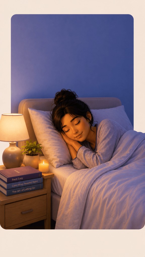 Person sleeping peacefully in bed with a candle and books on the nightstand.
