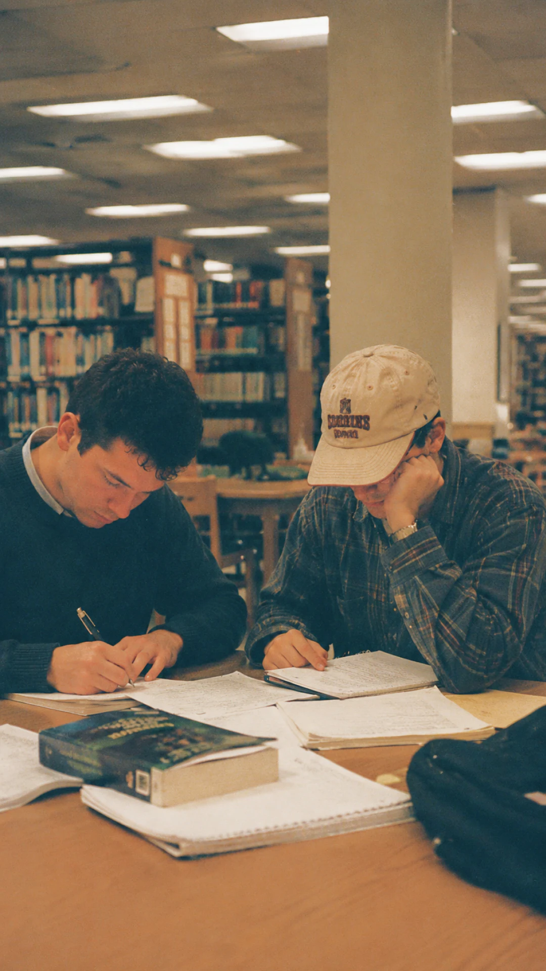 Two students writing notes together at a library table.