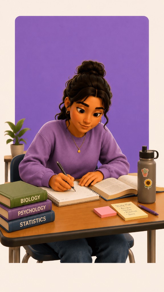 Student at a desk writing in a notebook with textbooks stacked beside her.