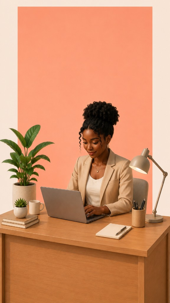 Woman working focused at a desk with a laptop, plant, and desk lamp.
