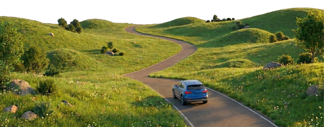 Rolling green hills with a winding road and a small blue car driving toward the horizon.