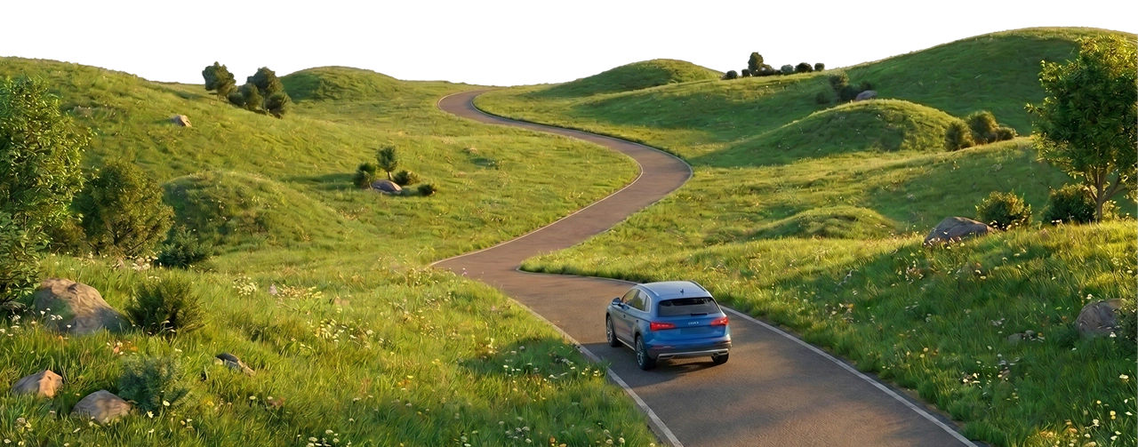 Rolling green hills with a winding road and a small blue car driving toward the horizon.