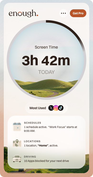 The enough. app home screen showing today's screen time and active schedules, locations, and driving blocks.