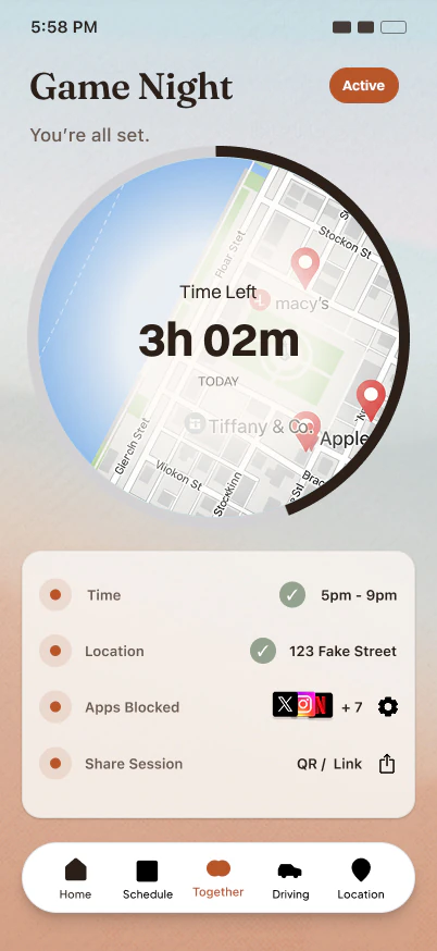 An active Game Night Together session in enough. showing 3 hours 2 minutes left, the time window, location, and apps blocked.
