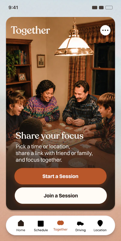 The Together tab in enough. with a Share your focus prompt and Start a Session and Join a Session buttons.