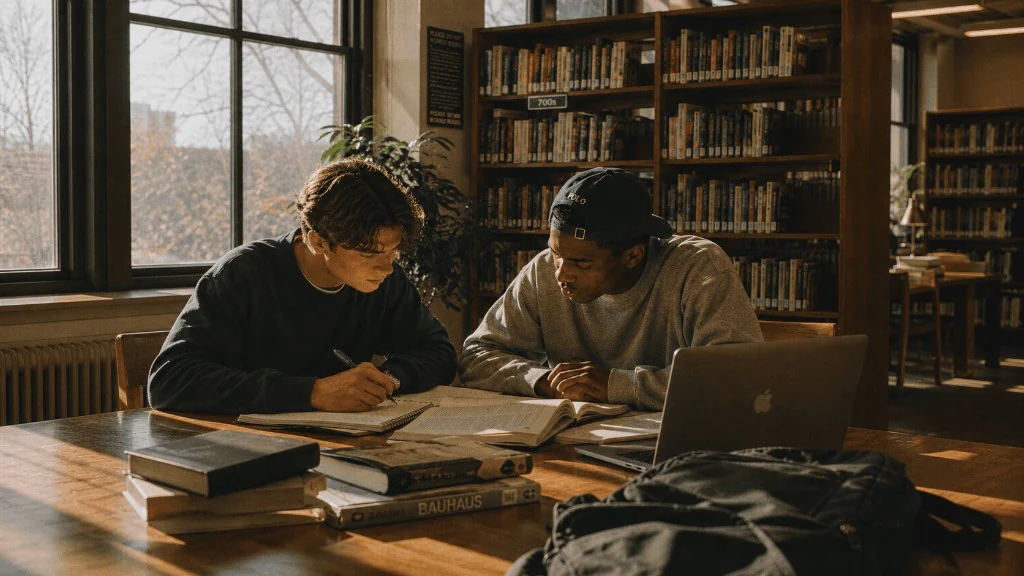 Two students focused on their books at a library table, phones put away.